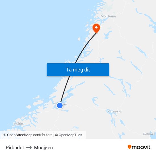 Pirbadet to Mosjøen map