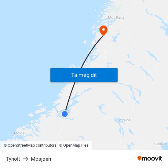 Tyholt to Mosjøen map