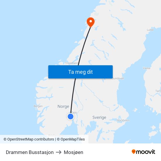 Drammen Busstasjon to Mosjøen map