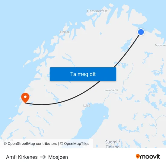 Amfi Kirkenes to Mosjøen map