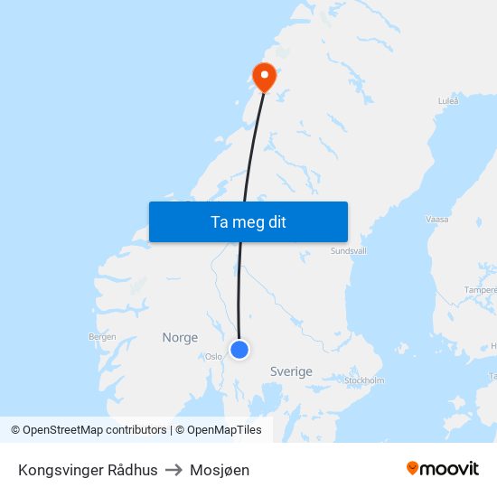 Kongsvinger Rådhus to Mosjøen map