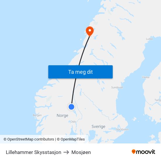 Lillehammer Skysstasjon to Mosjøen map