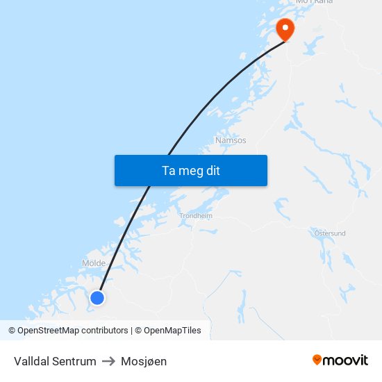 Valldal Sentrum to Mosjøen map