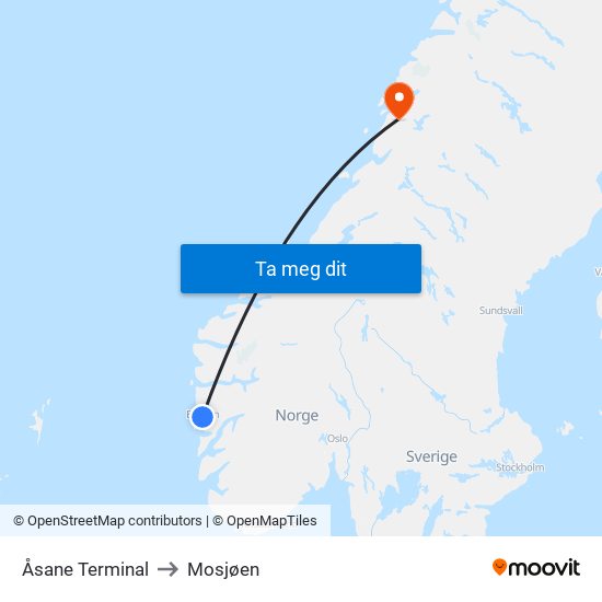 Åsane Terminal to Mosjøen map