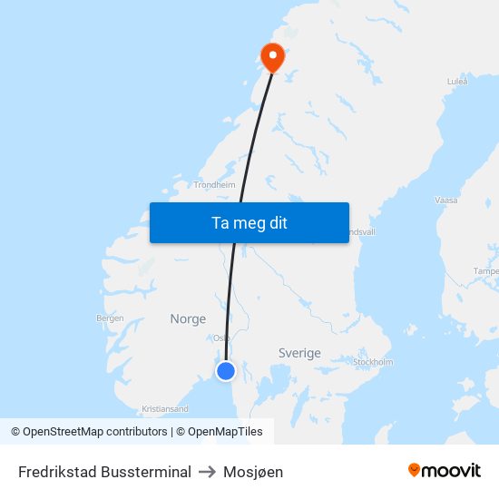 Fredrikstad Bussterminal to Mosjøen map