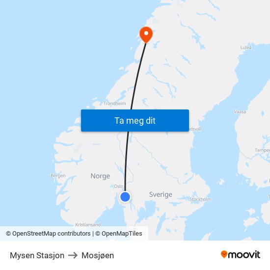Mysen Stasjon to Mosjøen map