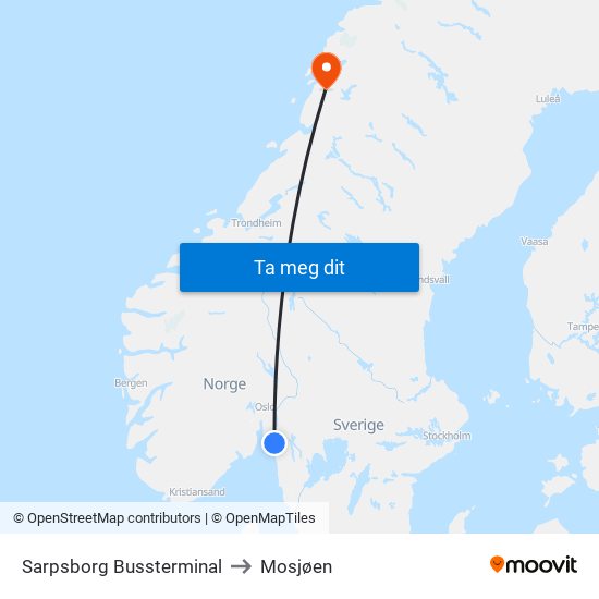 Sarpsborg Bussterminal to Mosjøen map