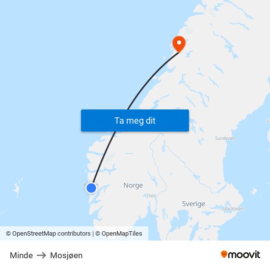 Minde to Mosjøen map