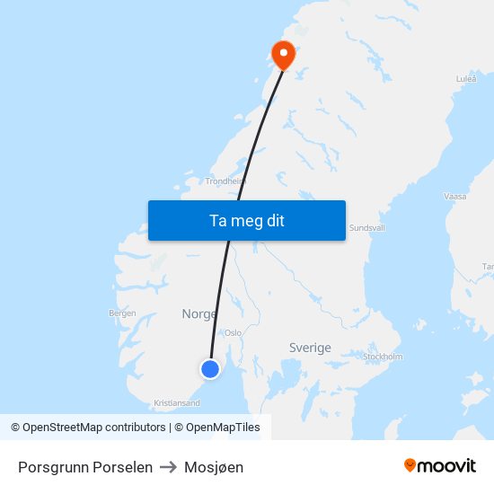 Porsgrunn Porselen to Mosjøen map