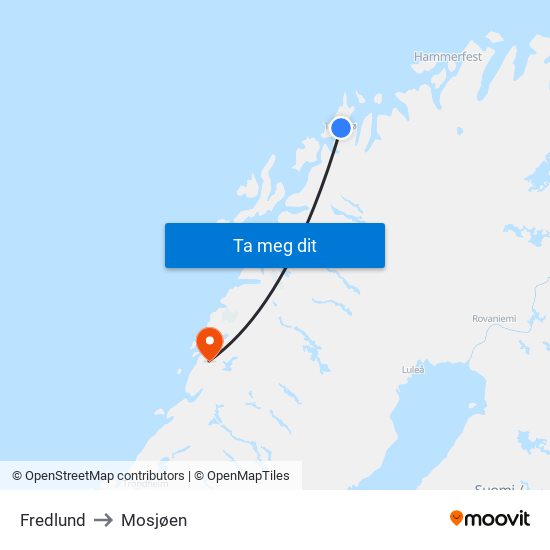 Fredlund to Mosjøen map