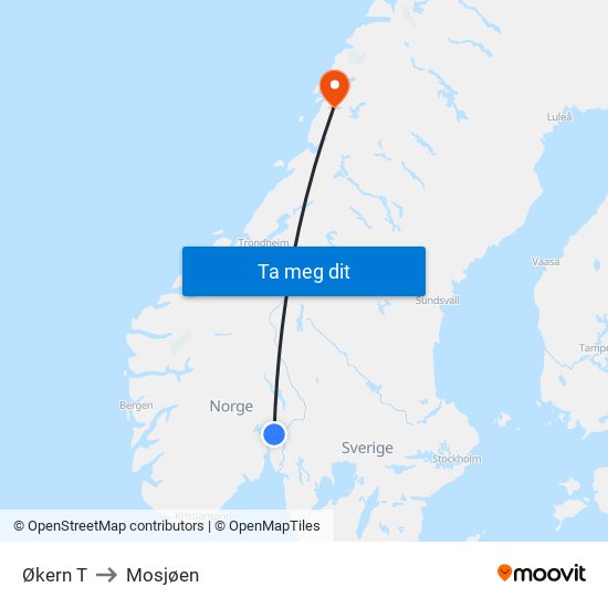 Økern T to Mosjøen map