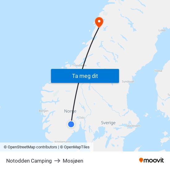 Notodden Camping to Mosjøen map