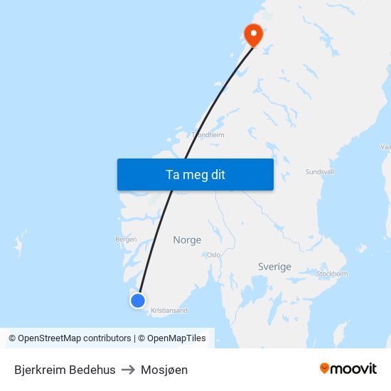 Bjerkreim Bedehus to Mosjøen map
