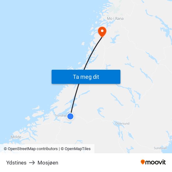 Ydstines to Mosjøen map
