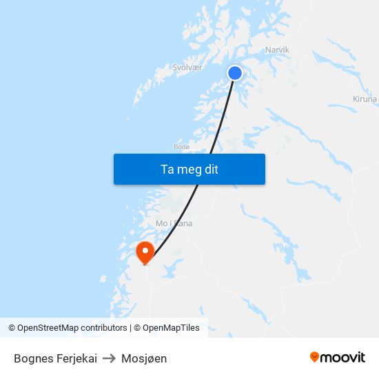 Bognes Ferjekai to Mosjøen map