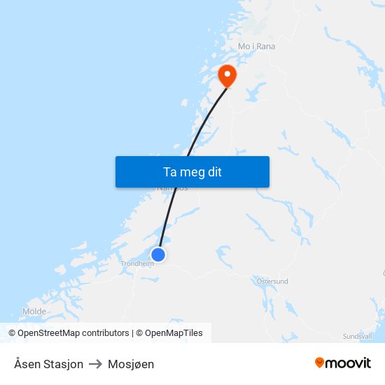 Åsen Stasjon to Mosjøen map