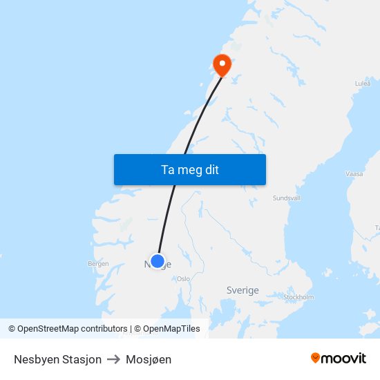 Nesbyen Stasjon to Mosjøen map