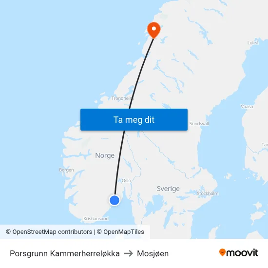 Porsgrunn Kammerherreløkka to Mosjøen map
