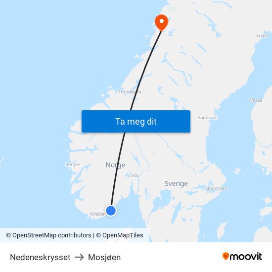 Nedeneskrysset to Mosjøen map