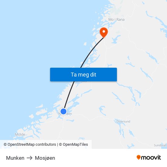 Munken to Mosjøen map