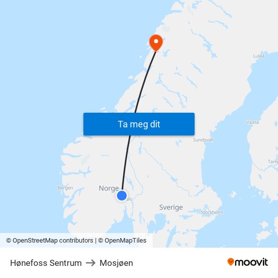 Hønefoss Sentrum to Mosjøen map
