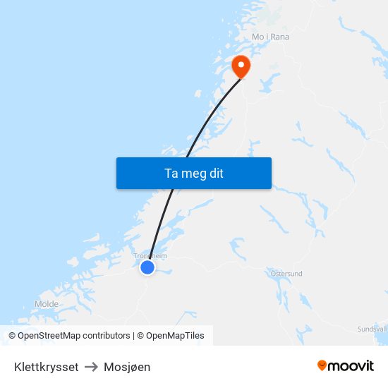Klettkrysset to Mosjøen map