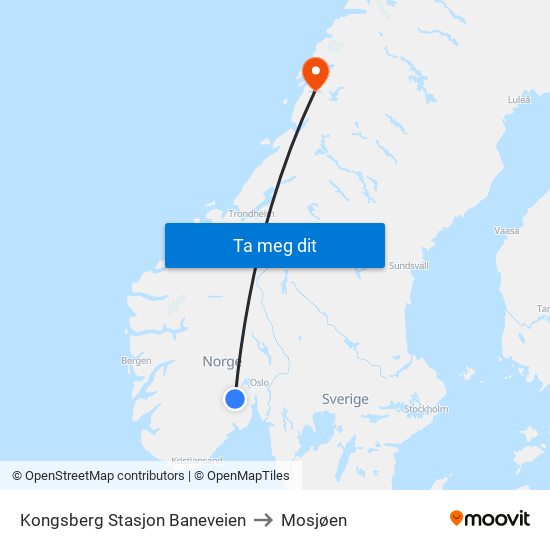 Kongsberg Stasjon Baneveien to Mosjøen map
