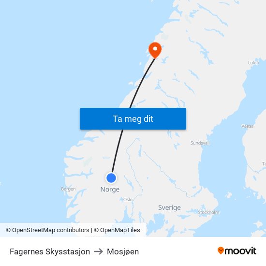 Fagernes Skysstasjon to Mosjøen map