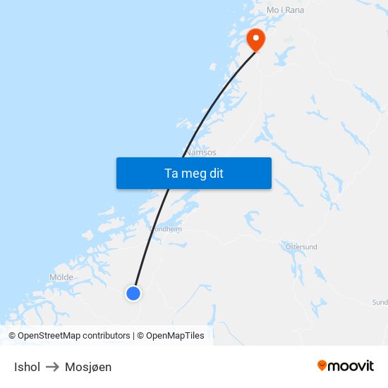 Ishol to Mosjøen map
