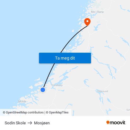 Sodin Skole to Mosjøen map