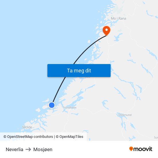 Neverlia to Mosjøen map