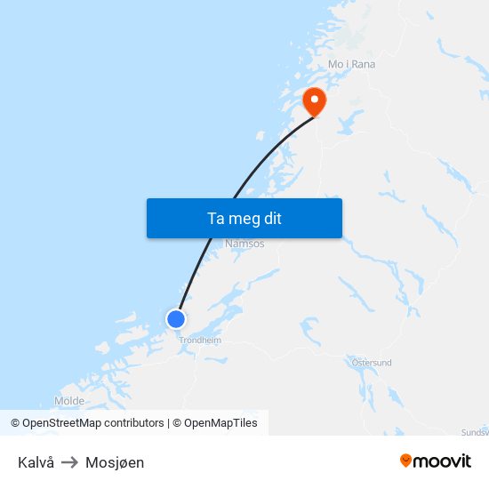 Kalvå to Mosjøen map