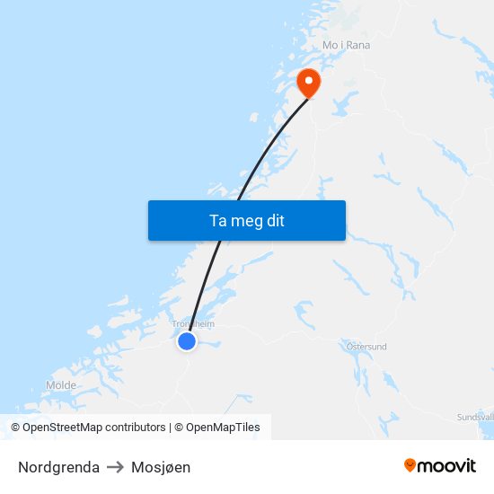 Nordgrenda to Mosjøen map