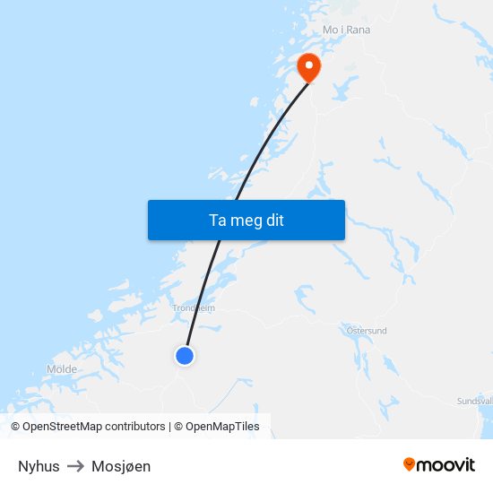 Nyhus to Mosjøen map