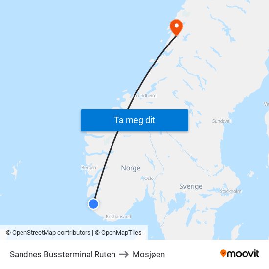 Sandnes Bussterminal Ruten to Mosjøen map