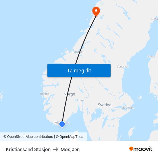 Kristiansand Stasjon to Mosjøen map