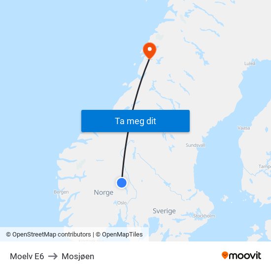 Moelv E6 to Mosjøen map