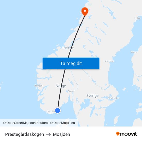 Prestegårdsskogen to Mosjøen map