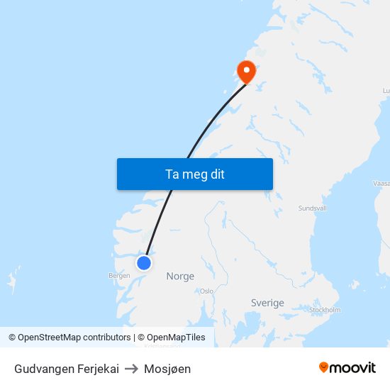 Gudvangen Ferjekai to Mosjøen map
