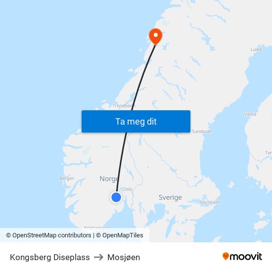 Kongsberg Diseplass to Mosjøen map
