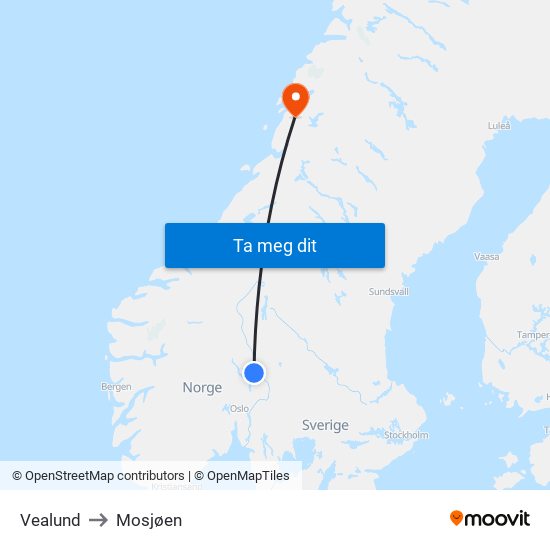 Vealund to Mosjøen map