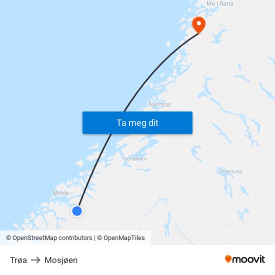Trøa to Mosjøen map