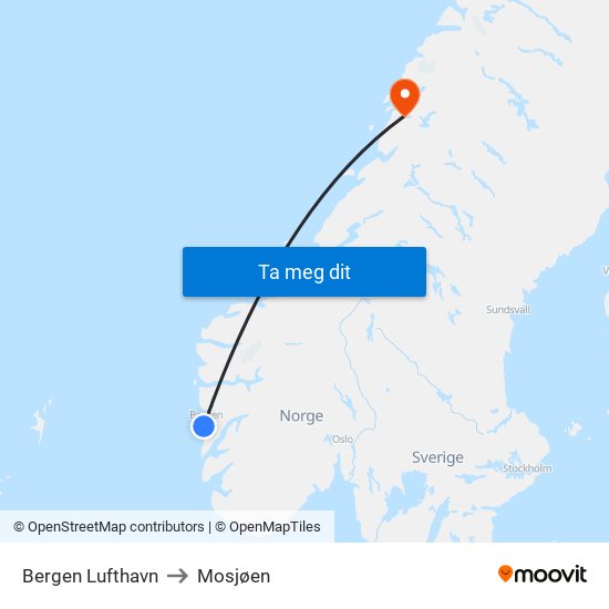 Bergen Lufthavn to Mosjøen map