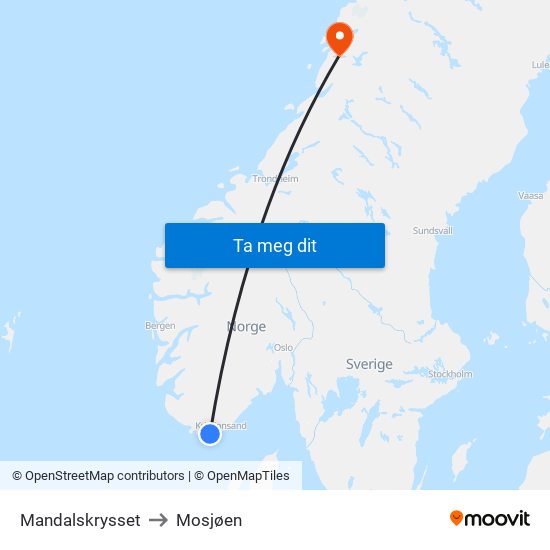 Mandalskrysset to Mosjøen map