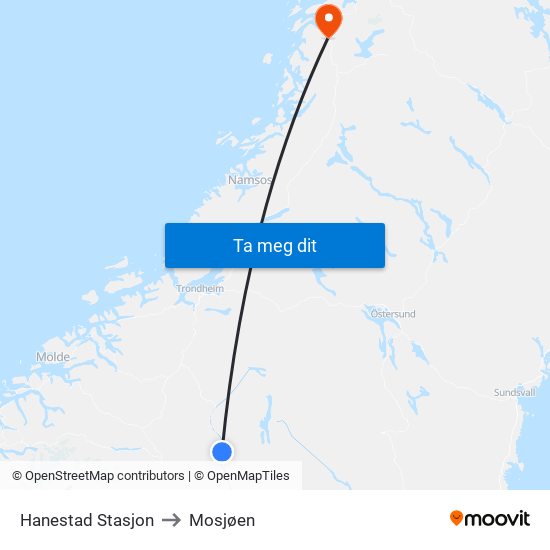 Hanestad Stasjon to Mosjøen map