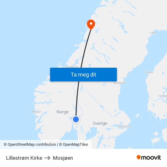 Lillestrøm Kirke to Mosjøen map