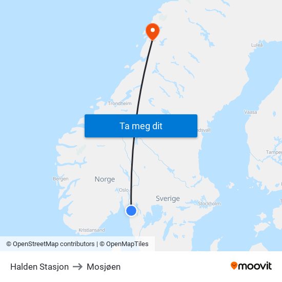 Halden Stasjon to Mosjøen map