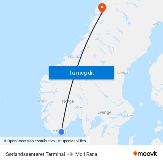 Sørlandssenteret Terminal to Mo i Rana map
