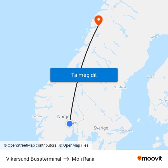 Vikersund Bussterminal to Mo i Rana map
