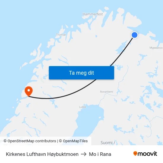 Kirkenes Lufthavn Høybuktmoen to Mo i Rana map